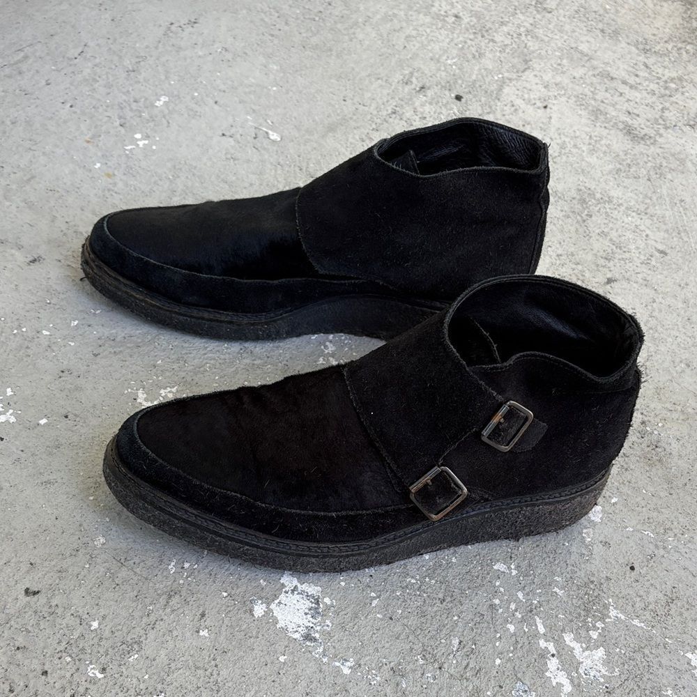All Saints suede double monk strap with pony hair top booties
